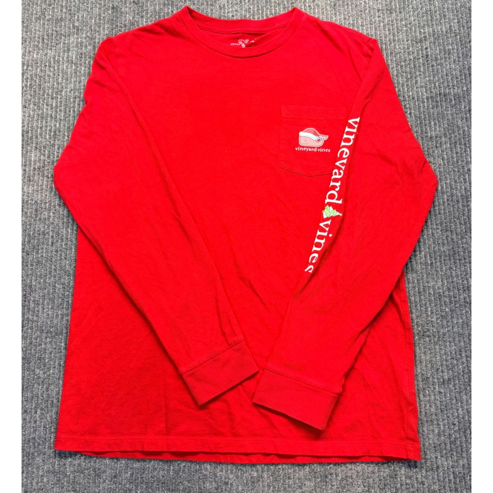 Vineyard Vines Boys XL 18 Red Long Sleeve Pocket T-Shirt Santa Whale Christmas